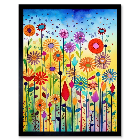 Tall Mixed Flowers Folk Art Watercolour Painting Art Print Framed Poster Wall Decor 12x16 inch