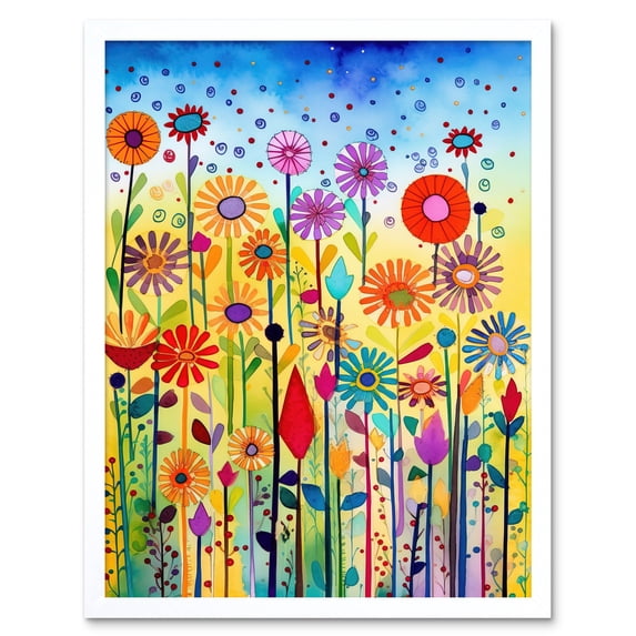 Tall Mixed Flowers Folk Art Watercolour Painting Art Print Framed Poster Wall Decor 12x16 inch