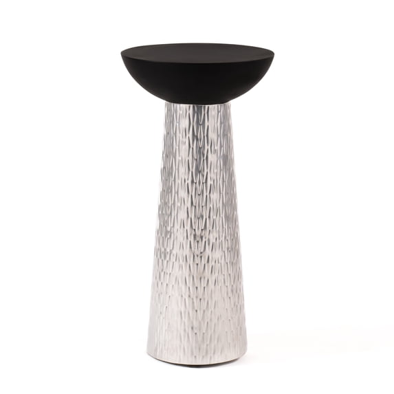 Tall Modern Accent Table with Silver Hammered Metal Base and Black Bowl Top – Sculptural Round Side Table for Living Room, Bedroom, or Entryway