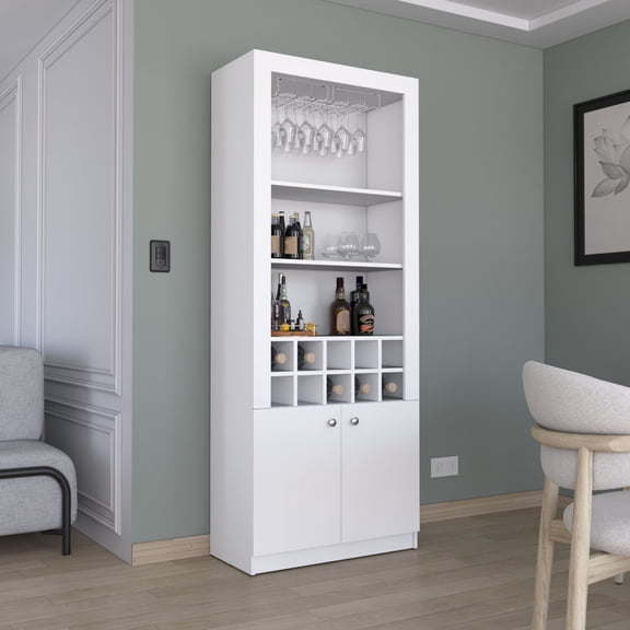 Tall Modern Bar Cabinet for Home | With Glass Holder and Wine Rack | Constructed with Premium Engineered Wood | Keeps Bar Items in Order