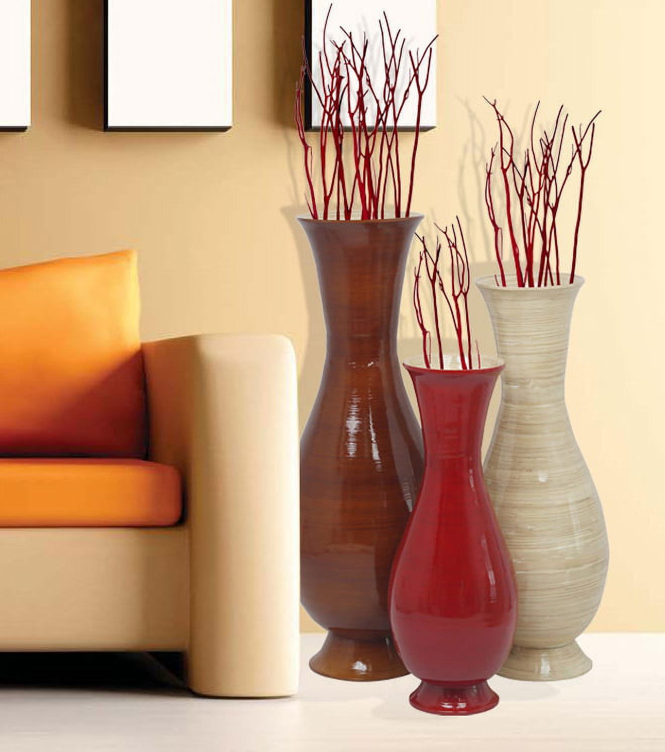 Set of 3 Tall Decorative Bamboo Floor Vases in Brown, Red, and Natural