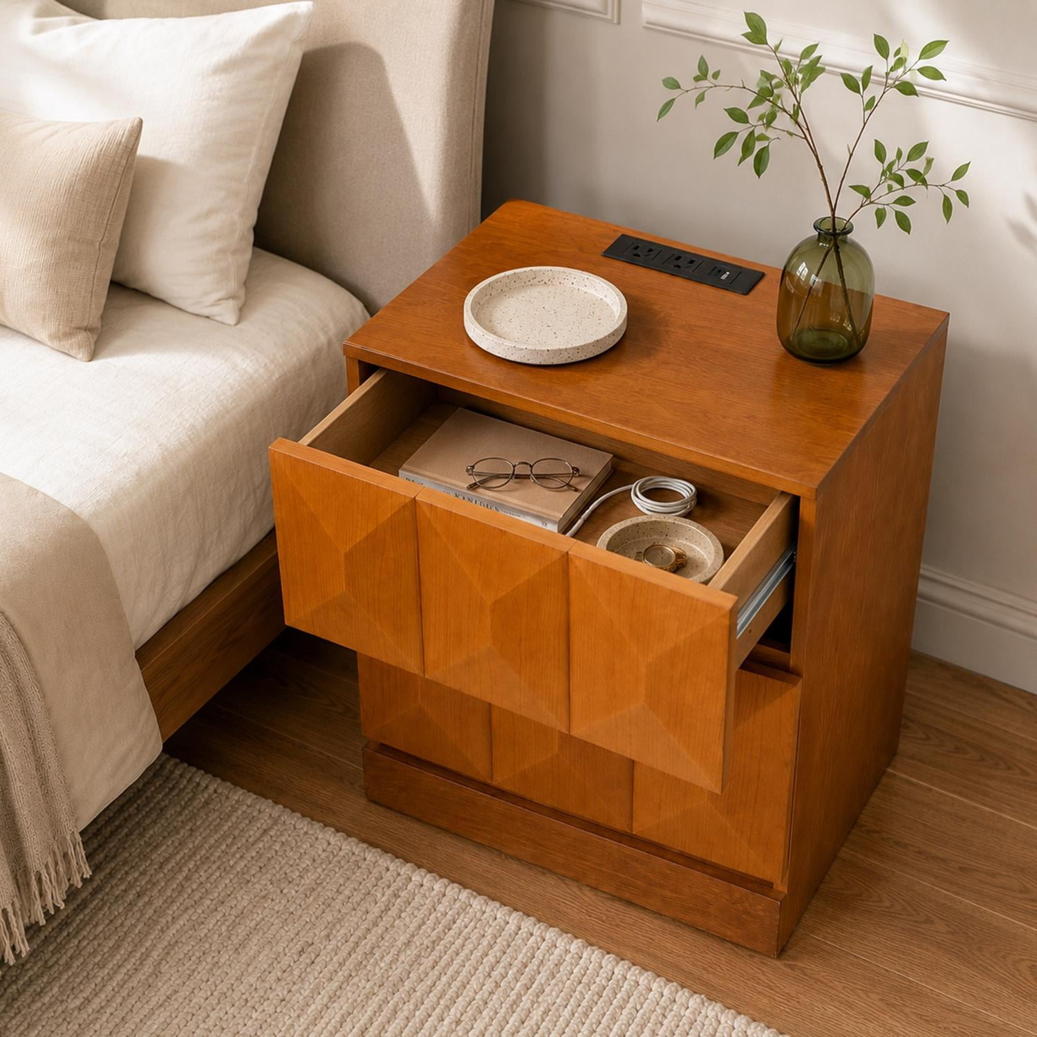 Tall Modern Nightstand with Built-in Charging Station and 2 Drawers, Bedside Table and Storage Cabinet with USB Ports for Bedroom Living Room, Natural Wood