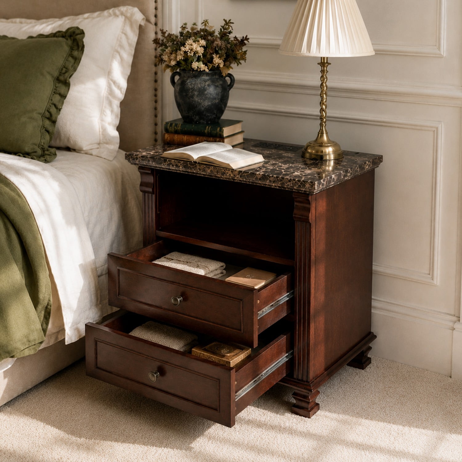 Tall Modern Nightstand with Charging Station, Bedside Table with 2 Drawers, Marble Grain Storage End Table with USB Ports and AC Outlets for Bedroom, Living Room, Brown