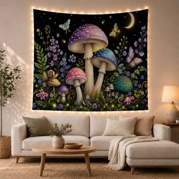 Tall Mushrooms in a Midnight Flower Garden, Mystical Cottagecore Style for Mushroom Lovers, Fantasy Forest Decor, Housewarming Gift, Tapestry Wall Hanging for Bedroom and Dorm
