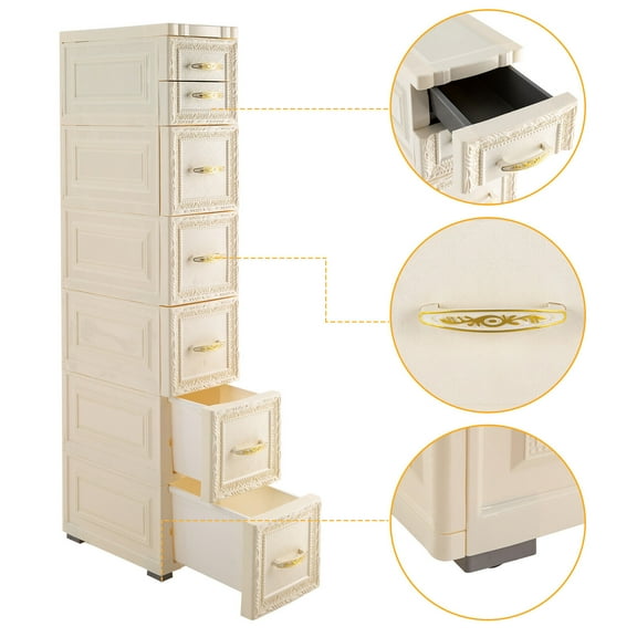Tall Narrow 8-Drawer Storage Tower Cabinet with 7 Shelves, Modern Style