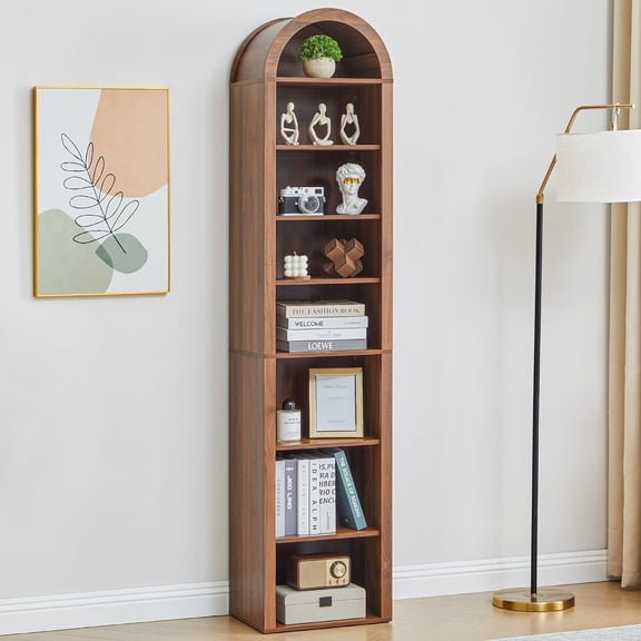 Tall Narrow Arched Bookshelf, 8-Tier Skinny Arch Bookcase for Small Space, Freestanding Storage Organizer with Adjustable Shelves, Open Display Shelves for Living Room, Entryway, Bathroom (Walnut)