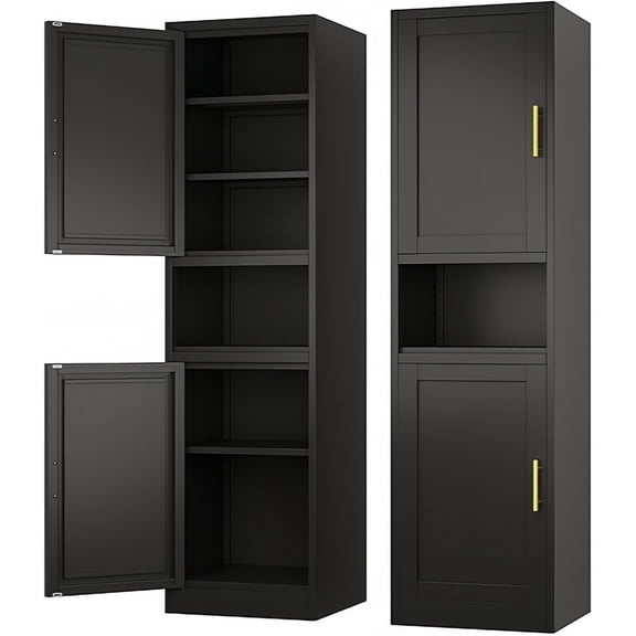 Tall Narrow Bathroom Storage Cabinet, Metal Pantry Cabinet with Adjustable Shelves and Open Space, 67" Tall Freestanding Storage Cabinets for Bathroom, Kitchen, Home Office (Black)