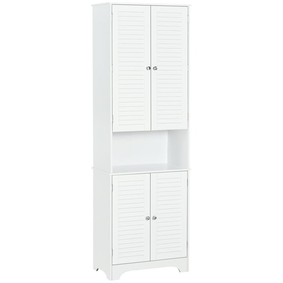 Tall Narrow Bathroom Storage Cabinet with Doors and Shelf Adjustability, Freestanding Linen Cabinet with 2 Cabinets and Countertop, White