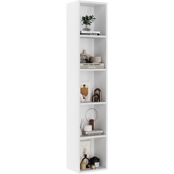 Tall Narrow Bookshelf, 5-Tier Cube Display Rack, Modern Corner Bookshelf with Storage Space, CD Storage Cabinet for Home Office (White 1 Pack, 5-Tier)