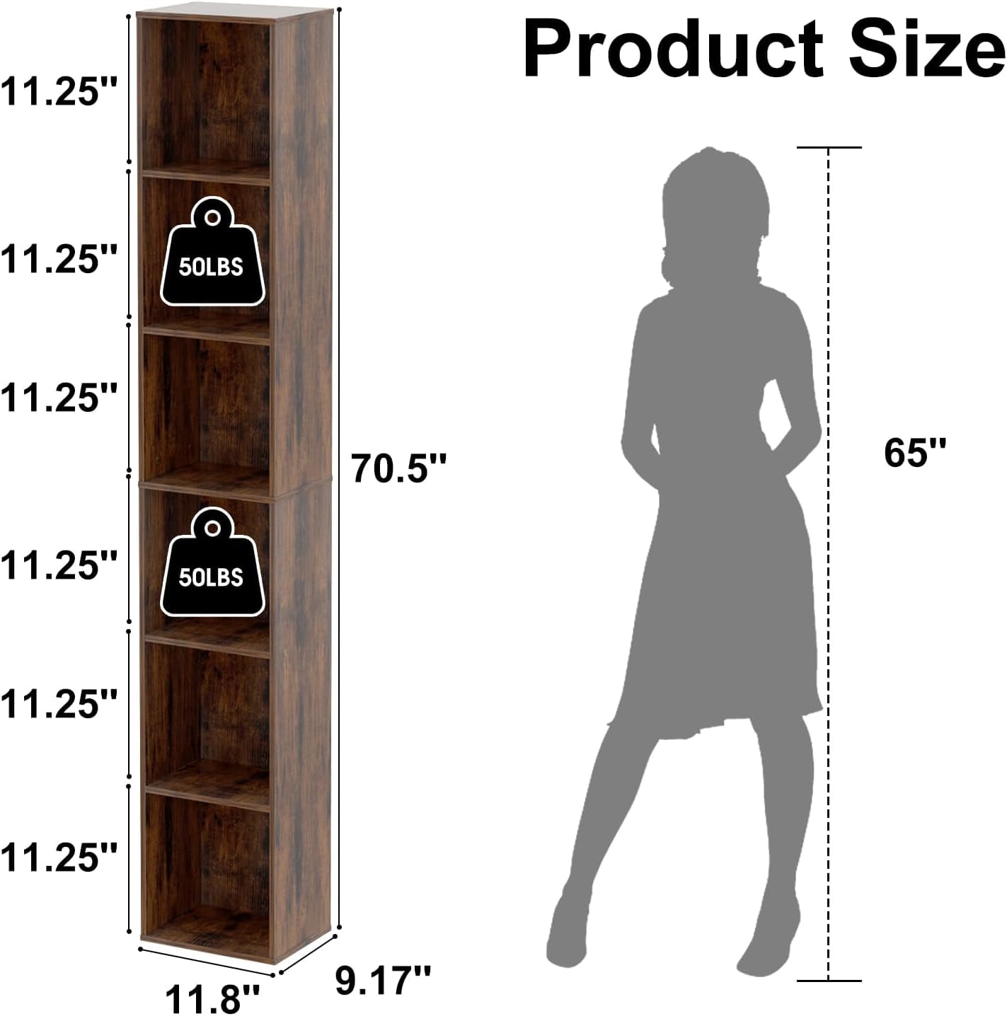 Tall Narrow Bookshelf 6-Tier Bookcase,70.5"   Corner Shelf Slim Storage Cabinet,Wood DVD CD Media Cube Organizer Tower Rack for Small Spaces, Bedroom, Living Room, Office,Brown