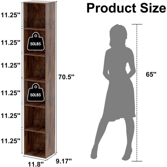 Tall Narrow Bookshelf 6-Tier Bookcase,70.5" Corner Shelf Slim Storage Cabinet,Wood DVD CD Media Cube Organizer Tower Rack for Small Spaces, Bedroom, Living Room, Office,Brown