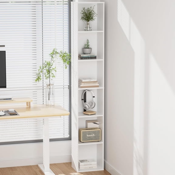 Tall Narrow Bookshelf 6-Tier Bookcase,70.5" Skinny Thin Corner Shelf Slim Storage Cabinet,Wood DVD CD Media Cube Organizer Tower Rack for Small Spaces, Bedroom, Living Room, Office,White