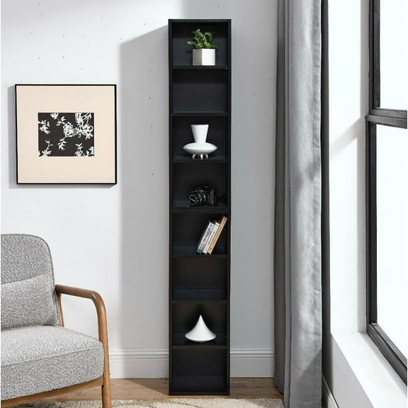 Tall Narrow Bookshelf,8-Tiers Bookcase with Adjustable Shelves,Double-Decker Combination Thin Media Tower Rack,CD DVD Slim Storage Cabinet for Living Room,Bedroom,Studio and Office (Black, 71"H)