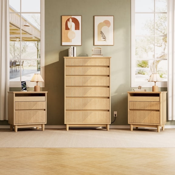 Tall Narrow Chest of 6-Drawer Dresser & 2 Nightstands with Charging Station Set,3 PCS Multifunctional Furniture Set,Anti-Tipping Large Storage Organizer for Bedroom/Living Room,Natural