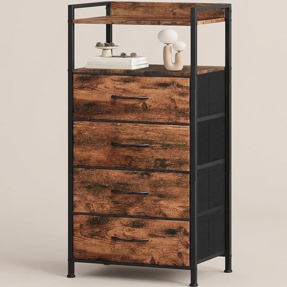 Tall Narrow Chest of Drawers for Small Spaces - 4-Drawer Fabric Nightstand with Open Shelf & Metal Frame, Compact Bedside Storage Cabinet