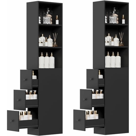 Tall Narrow Free Standing Bathroom Storage Cabinet Set of 2 with 3-Level Adjustable Shelves Home - Space Saver for Living Room Kitchen - Classic Black