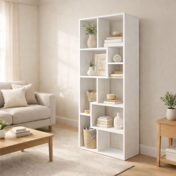 Tall Narrow Geometric Cube Bookshelf Modern Staggered Display Shelf Room Divider for Home Office