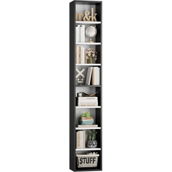 Tall Narrow Media Tower Rack with Adjustable Shelves for Home Office, Black/Brown Slim Storage Cabinet