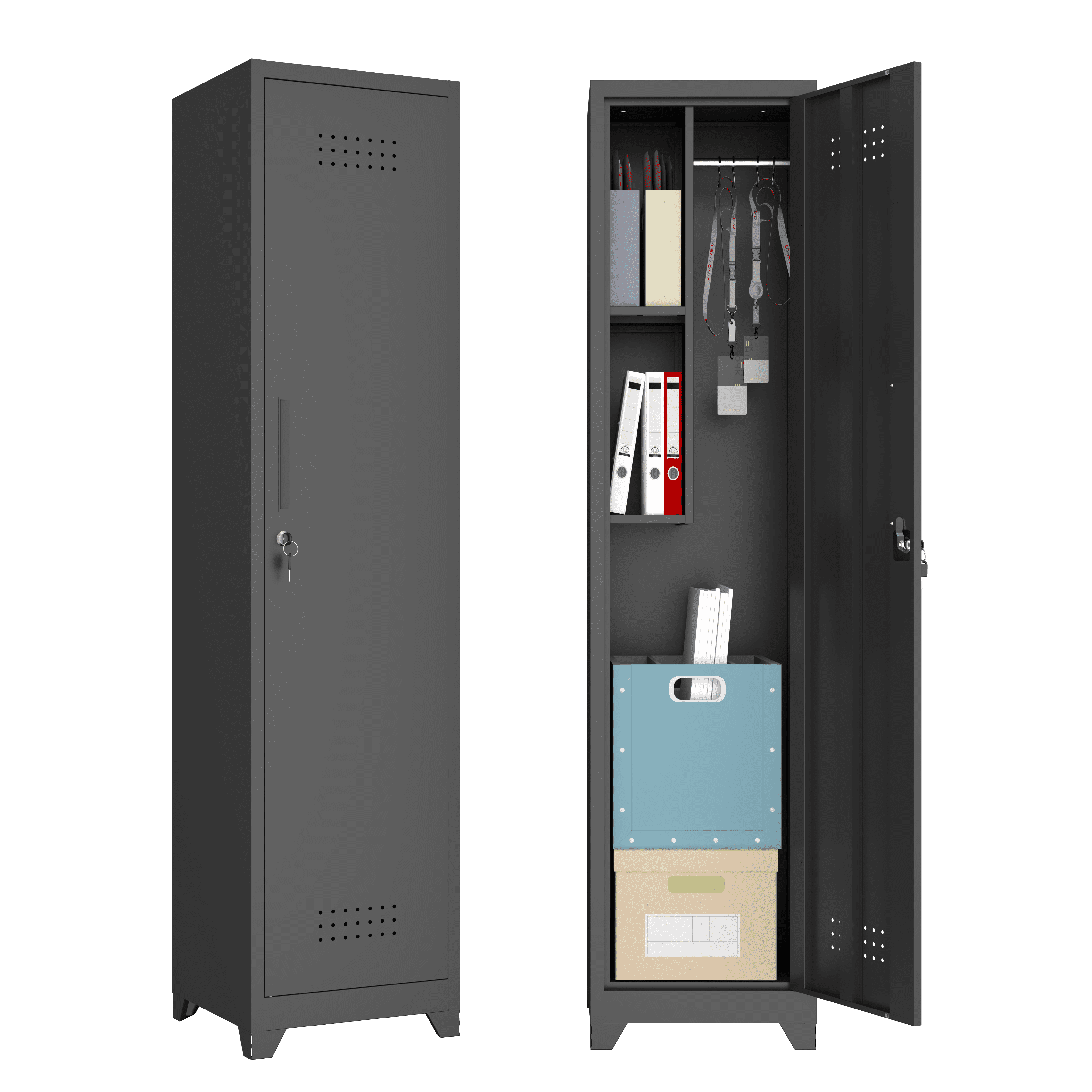 Tall Narrow Metal Storage Cabinet with Lock, 65" Slim Utility Organizer with Hanging Rod & Fixed Shelves, Ventilated Cleaning Supply Cabinet for Laundry Room, Garage, Entryway