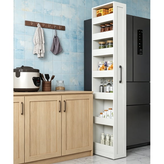 Tall Narrow Pull-Out Storage Shelf with Wheels, 7-Tier Slim Rolling Storage Spice Rack Next to Fridge, Utility Cart Single-Sided for Small Spaces, Kitchen, Laundry Room, White