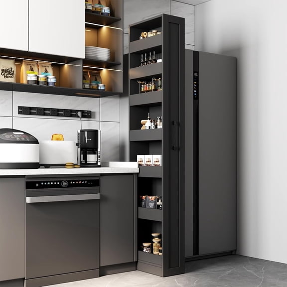 Tall Narrow Pull-Out Storage Shelf with Wheels 7-Tier Slim Rolling Storage Spice Rack Next to Fridge Utility Cart Single-Sided for Small Spaces, Kitchen, Laundry Room, Bathroom Black