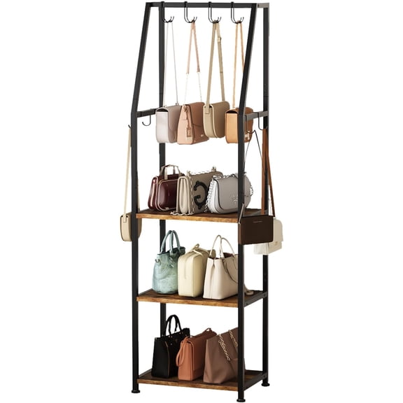 Tall Narrow Purse Organizer Stand with Purse Hanger, High-Capacity Floor-Standing Handbag Rack for Small Spaces | Space-Saving Fashion Bags & Purse Display Organizer(Rustic Brown)