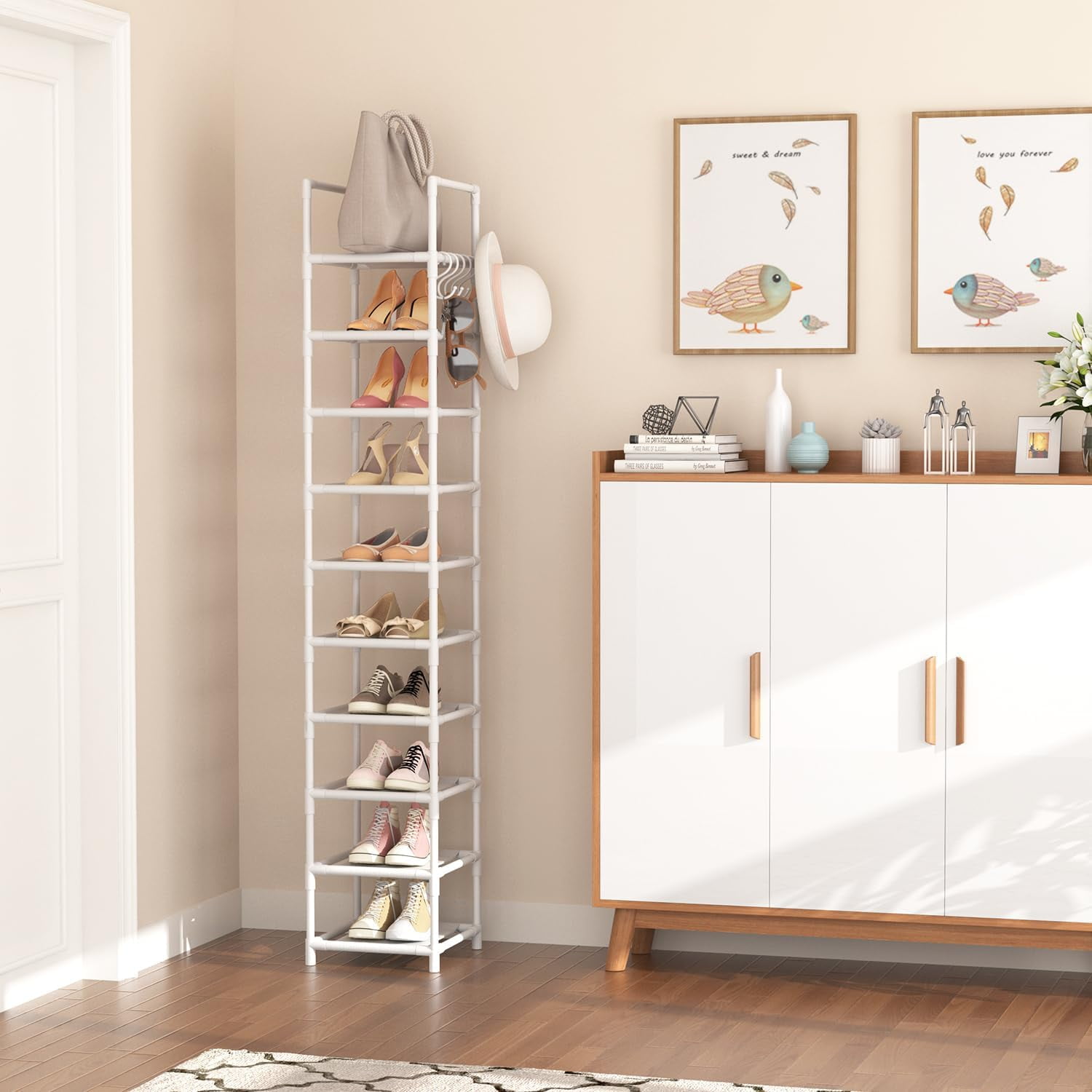 Tall Narrow Shoe Rack 10-Tier Skinny Shoe Shelf Storage for 10-15 Pairs ...