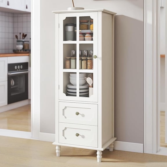 FLH Sideboard Buffet Pantry Cabinet Contemporary 52 Inch, 2 Glass Doors, 2 Drawers, White