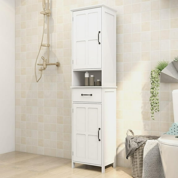 Tall Narrow Storage Cabinet, Bathroom Slim Floor Freestanding Cabinet with Two Doors for Bathroom and Living Room, White