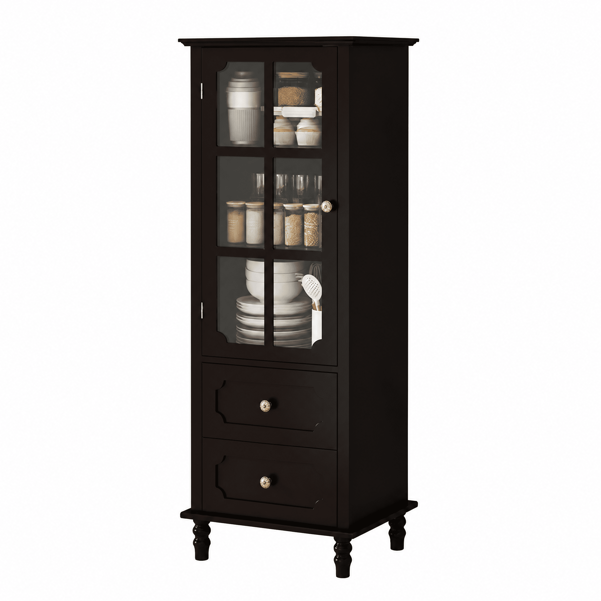 Tall Narrow Storage Cabinet with Curved Tempered Glass Door & 2 Drawers, Farmhouse Freestanding Sideboard Buffet with Adjustable Shelves & Turned Wood Legs for Dining Bathroom Living Room