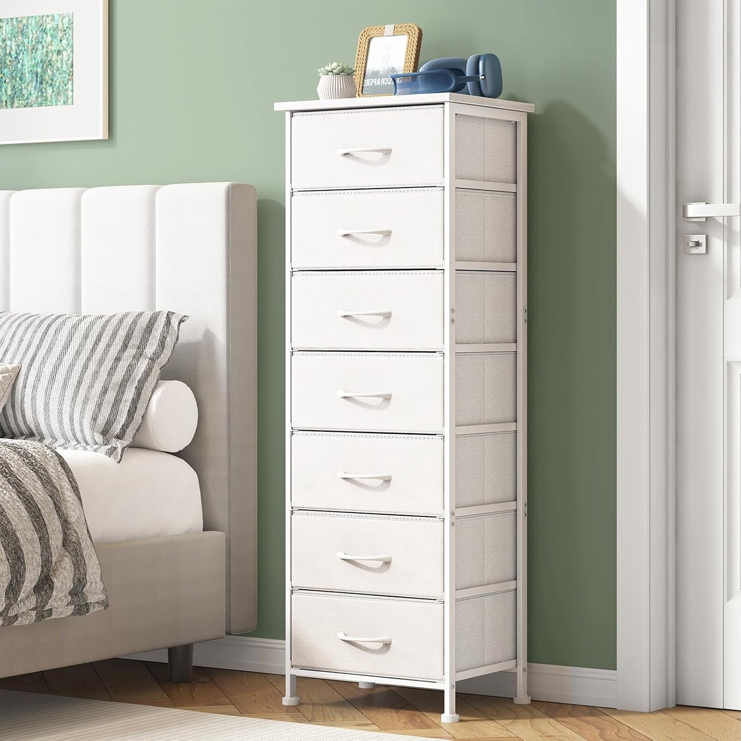 tall thin white dresser Blaire 5-Drawer Small Space Dresser, Laquered Simply Features a Simply White finish with a drawer pull finished in gold 5-Drawer White Fabric Dresser
