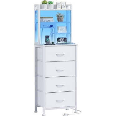 Tall Night Stand, 52.1 Inch LED Nightstand with Charging Station and USB Ports, 4 PVC Fabric Drawers and 4 Tier Storage Shelf, Bedside Table for Bedroom, Dorm, Office (White)