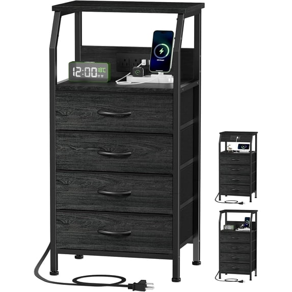 Tall Night Stand with Charging Station, 4 Drawer Dresser with Storage Shelf, 33 Inch Side Table, Fabric End Table for Closet, Entryway, Dorm, Bedside Furniture, 3 Ways to Use, Black Oak
