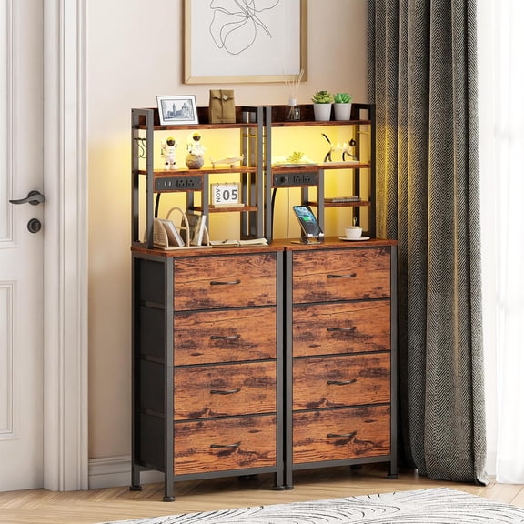 Tall Night Stand, LED Nightstand with Charging Station and USB Ports, 4 Fabric Drawers and 4 Tier Storage Shelf, Bedside Table for Bedroom, Home, Dorm, Office (Rustic Brown)