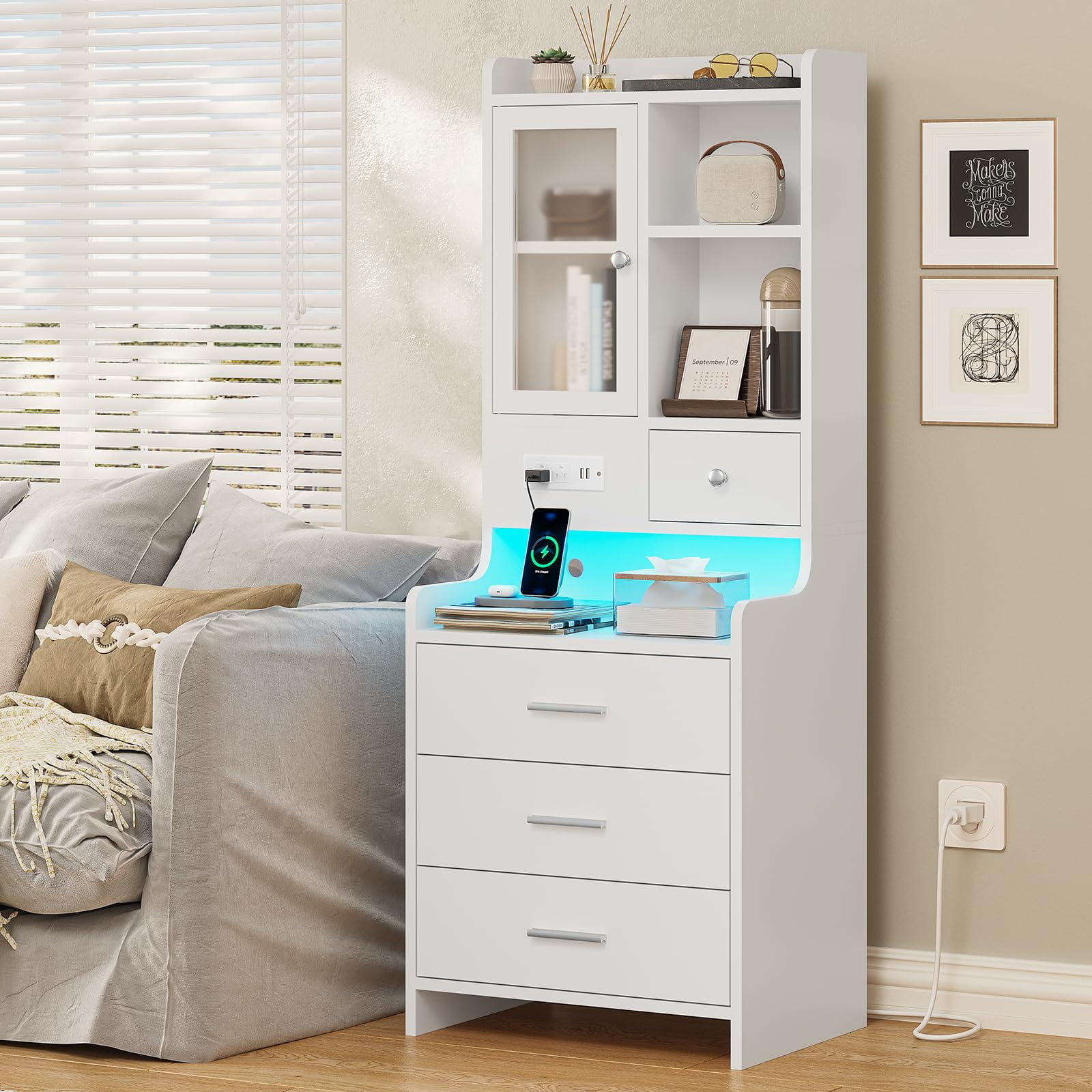Tall Night Stand with USB Port Charging and LED Lights,White Nightstand