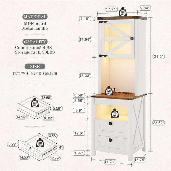 Tall Nightstand with Charging Station, Bedside Table with Drawers & Adjustable Shelf, LED Night Stand with Gun Drawer, Farmhouse End Table for Bedroom, Antique White