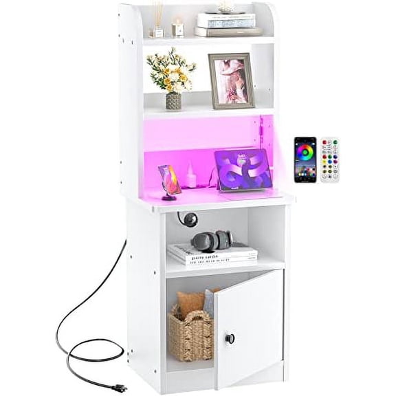 Tall Nightstand with Charging Station and LED Lights - 47" Tall Bedside Table with Adjustable Bookshelf, Industrial End Side Tables with Storage Cabinet for Home Office, White