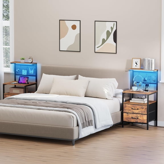 Tall Nightstand with Charging Station and LED Lights, Large Bedside Table with 2 Fabric Drawers, Storage Shelves and Hooks for Bedroom Office Dorm Rustic Brown