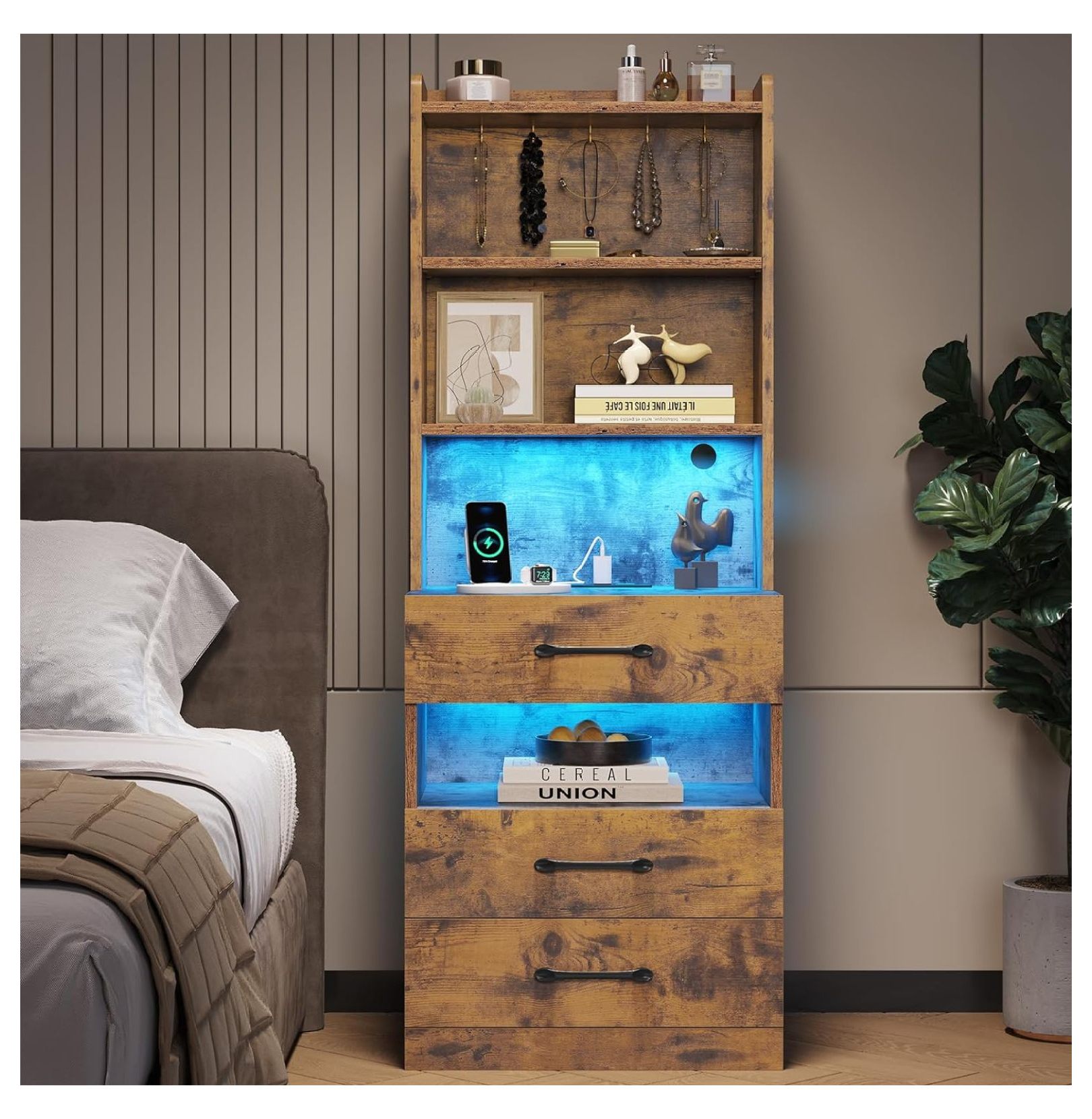 Tall Nightstand with Charging Station and LED Lights, Rustic Brown