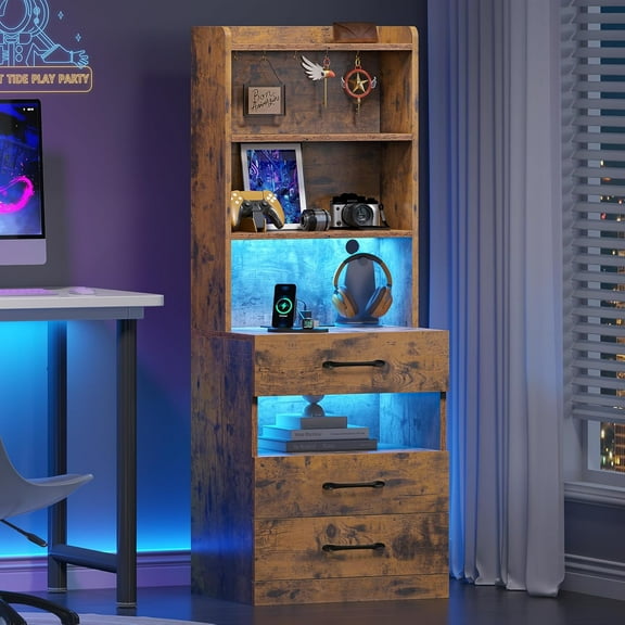 Nightstand Rustic Brown with Charging Station, LED Lights, 3 Drawers, Tall
