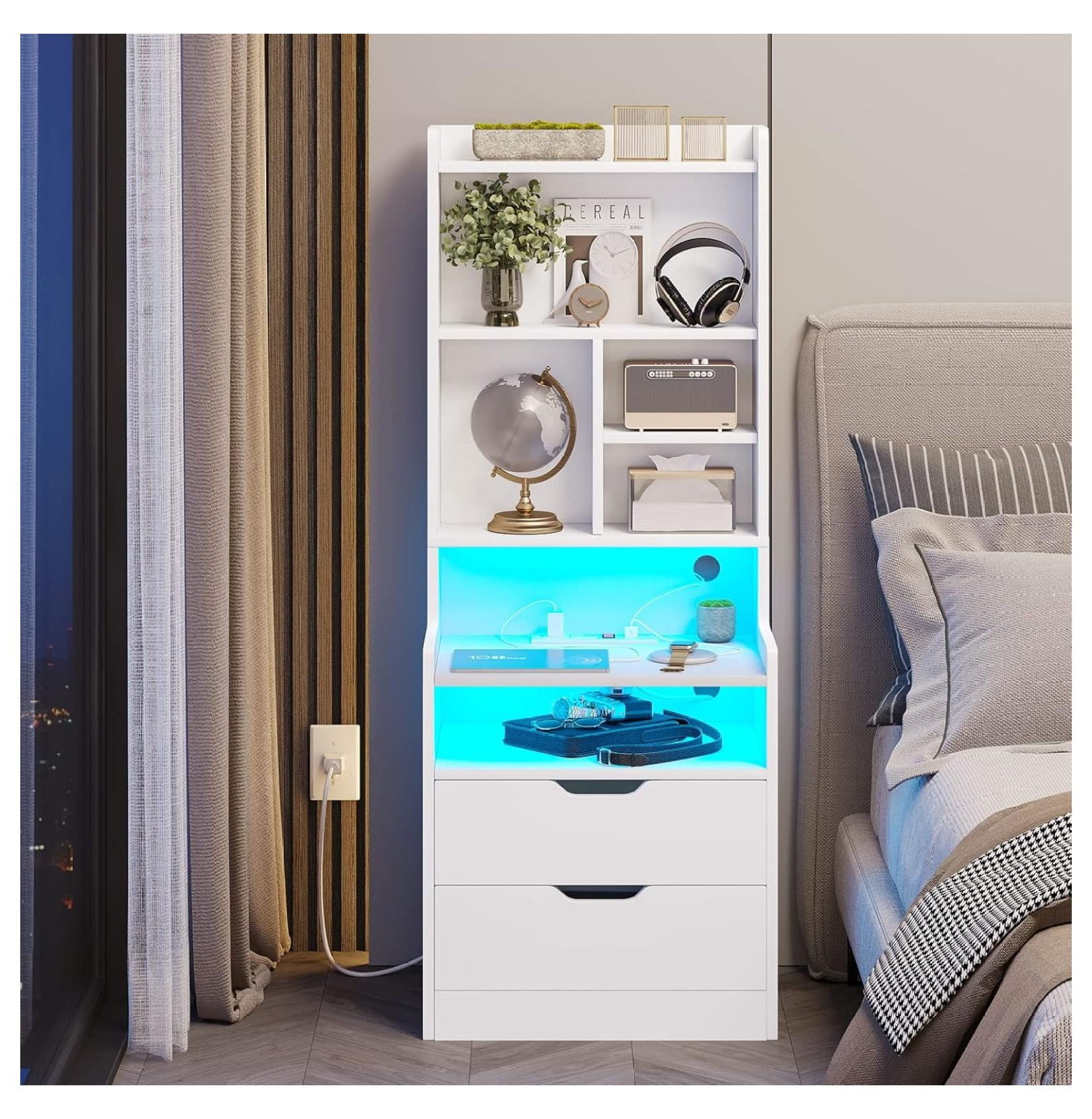 Homaterial Floating Nightstand With Charging & LED Lights – Wall Mount Bedside Table With Drawer