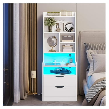 Tall Nightstand with Charging Station and LED Lights, White LED Nightstand with Bookshelf, Bedside Table with Shelves and 2 Drawers, Tall End Side Table with USB Ports and Outlets, White