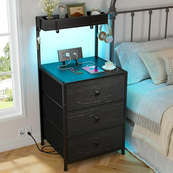 Tall Nightstand with Charging Station and Led Nightstand with 3 Drawers, Bedside Table with Drawers and Outlets, Dorm nightstand for Bedroom,Entryway, Hallway, Closet, 4 Hooks, Black