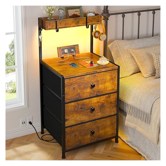 Tall Nightstand with Charging Station and Led Nightstand with 3 Drawers, Bedside Table with Drawers and Outlets, Dorm nightstand for Bedroom,Entryway, Hallway, Closet, 4 , Rustic Brown