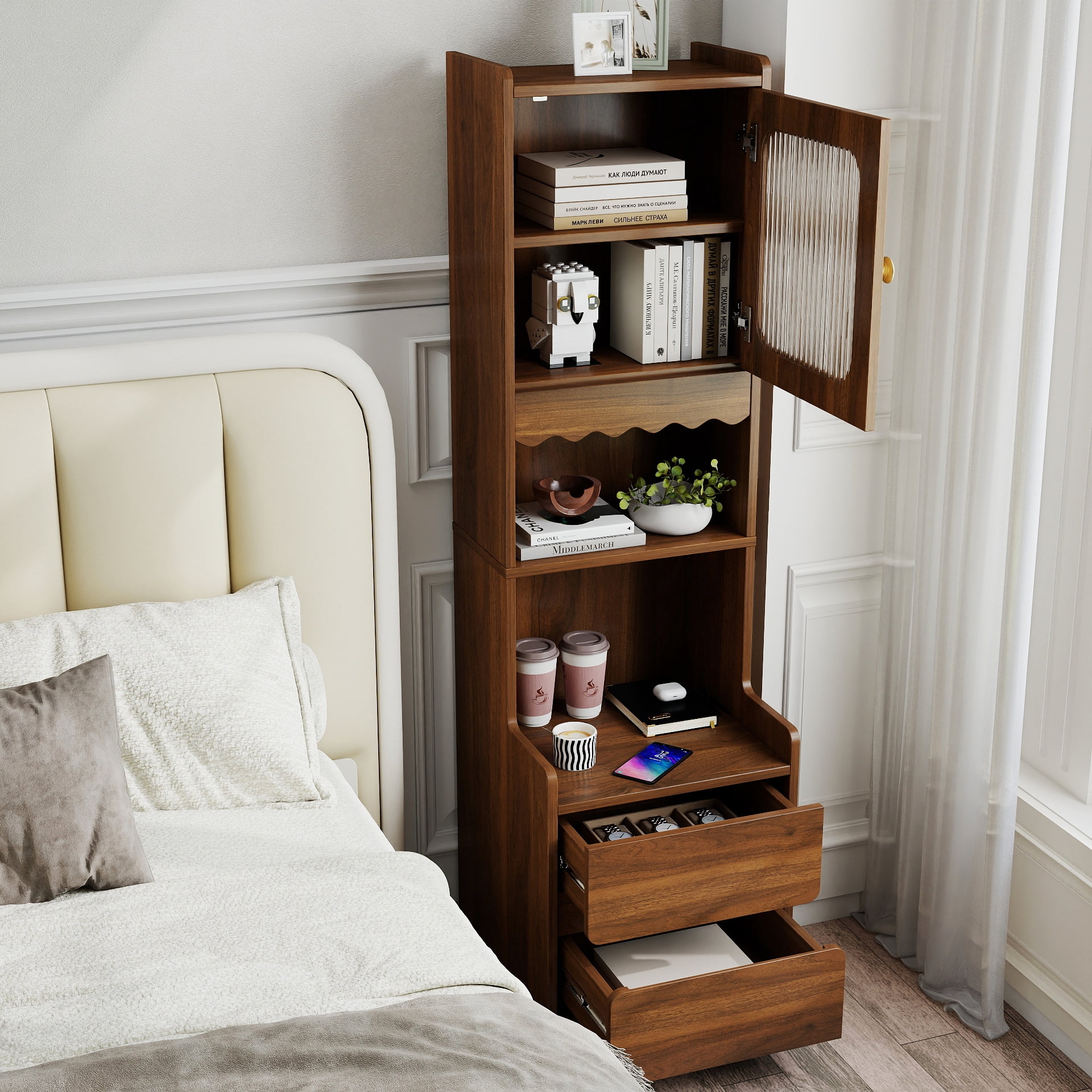 Tall Nightstand with Glass Door, Mid-Century Modern Bedside Table with Open Shelves and 2 Drawers, Walnut Wood Night Stand & Bookshelf for Bedroom, Living Room