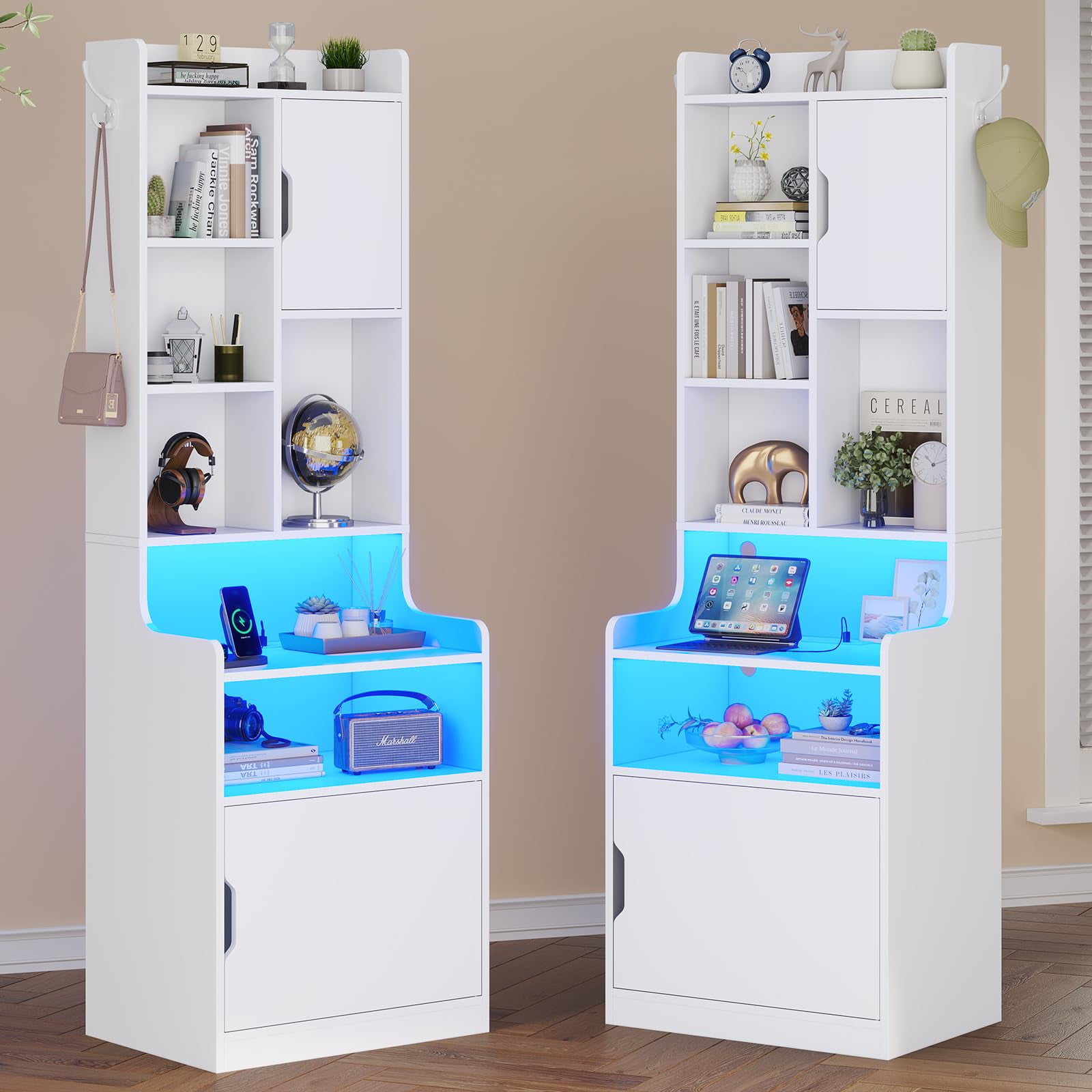 Tall Nightstand Set of 2 with Charging Station, LED Nightstand with