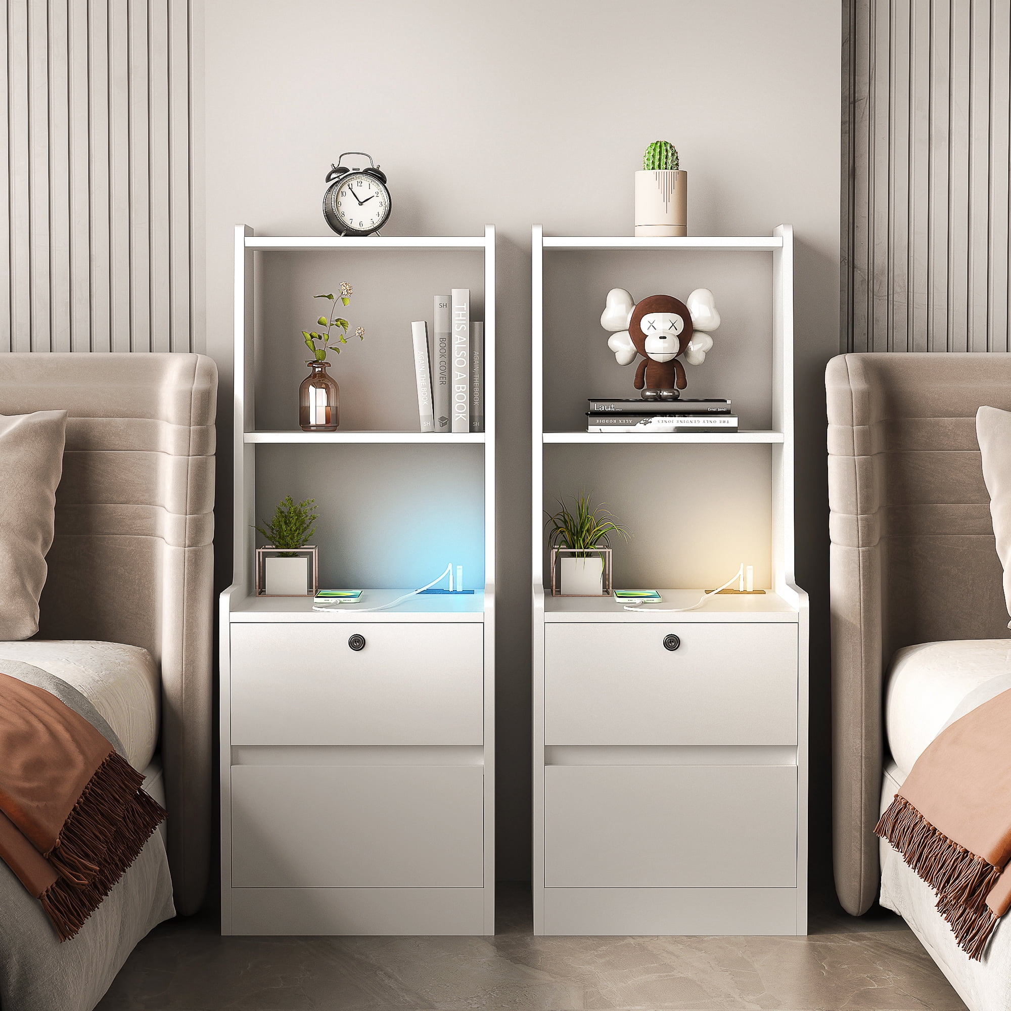 Tall Nightstand Set of 2 with Charging Station,Modern Bedside Tables with Storage Shelves & 2 Drawers for Bedroom,White