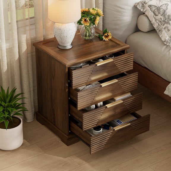 Tall Nightstand with 4 Drawers, Walnut Fluted Bedside Table with Gold Bar Pulls, Modern Wood End Table Side Table for Bedroom and Living Room