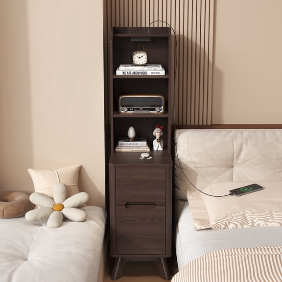 Tall Nightstand with Charging Station, Narrow Side Table with Bookshelf,Modern End Bedside Table for Bedroom,Brown