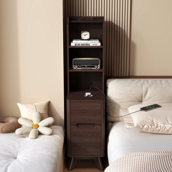 Tall Nightstand with Charging Station, Narrow Side Table with Bookshelf,Modern End Bedside Table for Bedroom,Brown